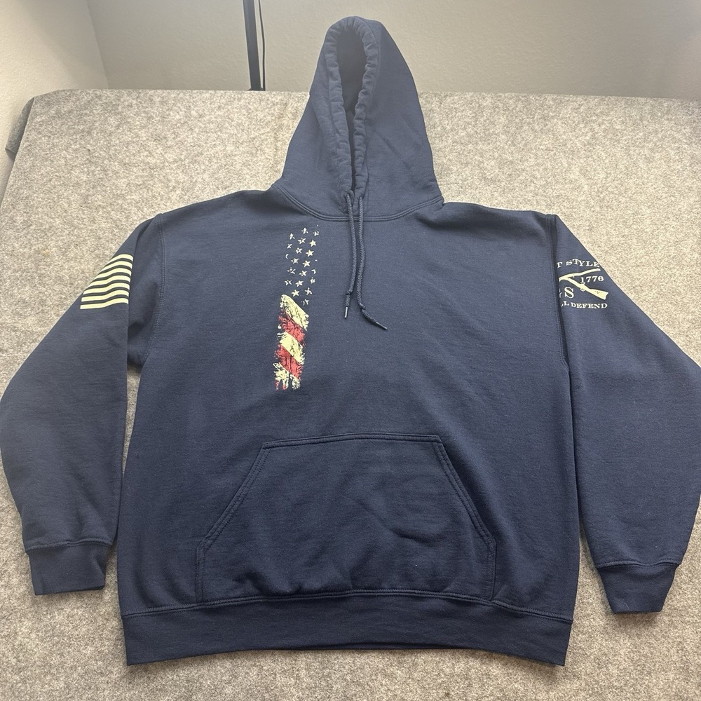 Grunt Style USA Flag Distressed Graphic Hoodie Mens Large Navy Pullover